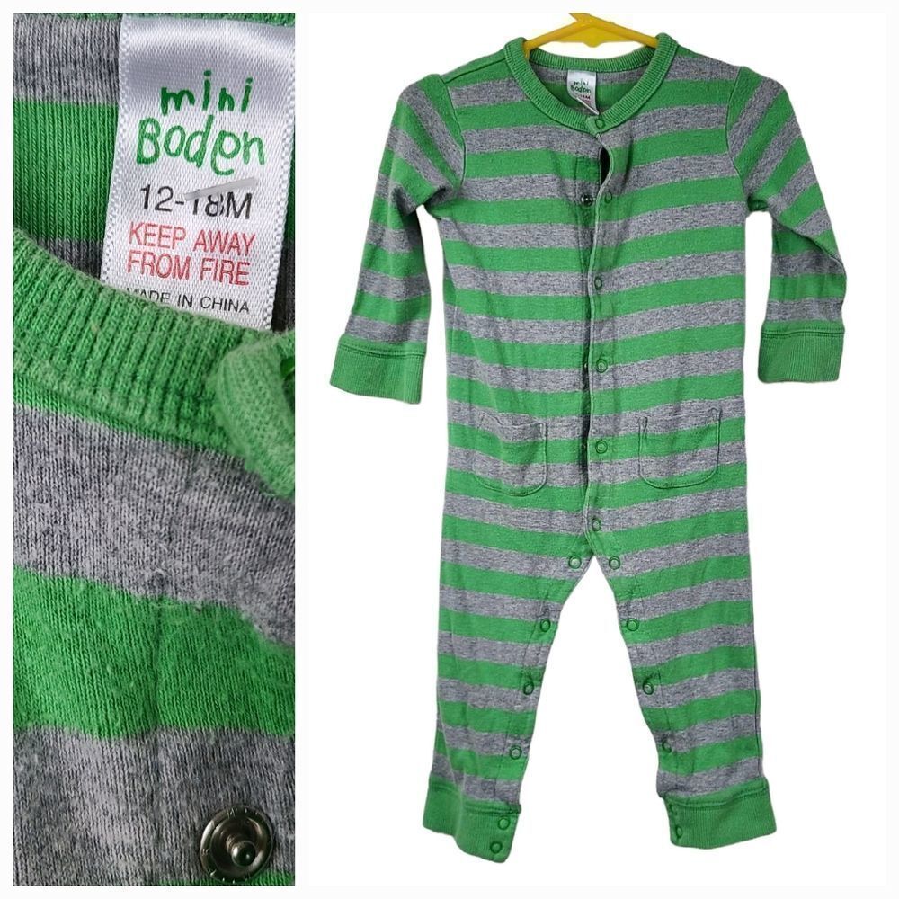 Mini Boden Green Gray Stripe Thermal Romper 12 18M One Piece Jumpsuit Baby Boy